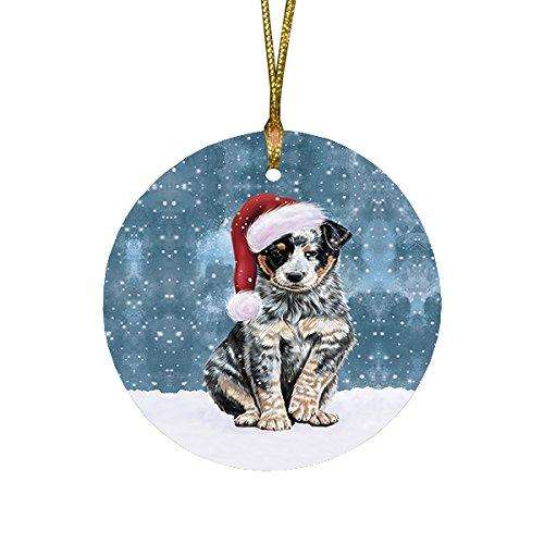 Let it Snow Christmas Holiday Australian Cattle Dog Wearing Santa Hat Round Ornament