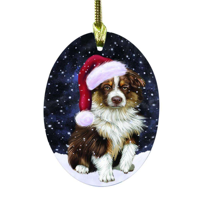 Let it Snow Christmas Holiday Australian Shepherd Dog Oval Glass Christmas Ornament OGOR48415