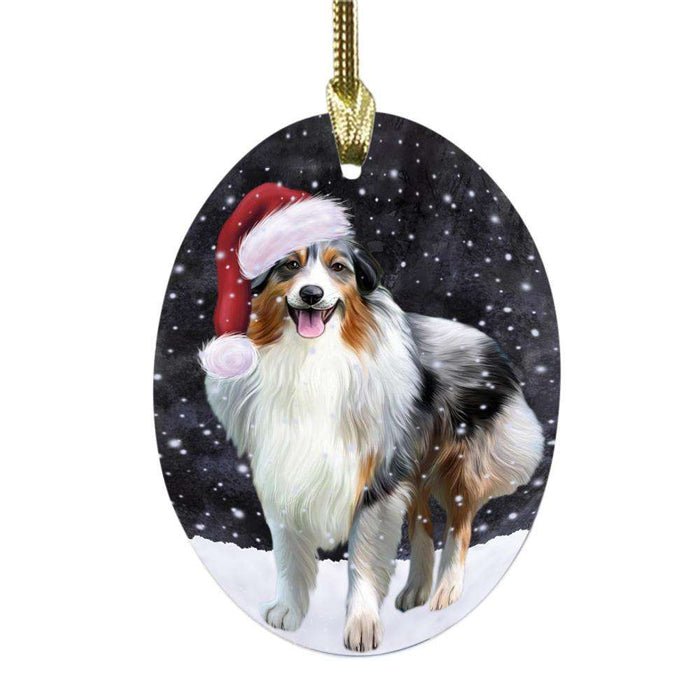 Let it Snow Christmas Holiday Australian Shepherd Dog Oval Glass Christmas Ornament OGOR48418
