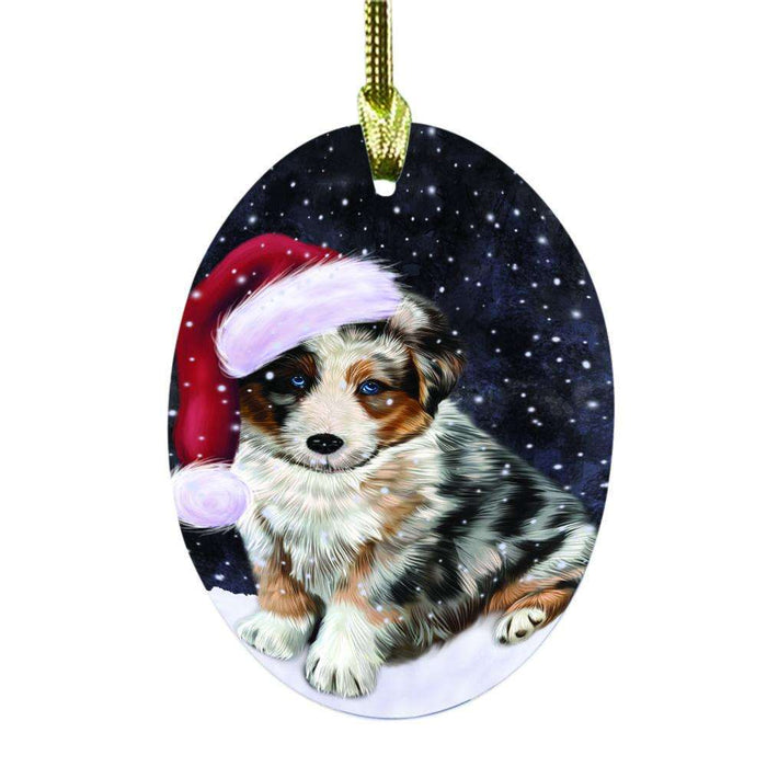 Let it Snow Christmas Holiday Australian Shepherd Dog Oval Glass Christmas Ornament OGOR48421