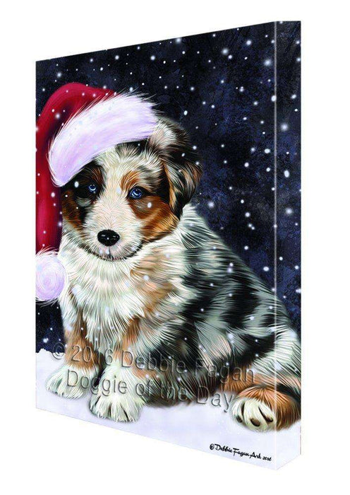 Let it Snow Christmas Holiday Australian Shepherd Dog Wearing Santa Hat Canvas Wall Art