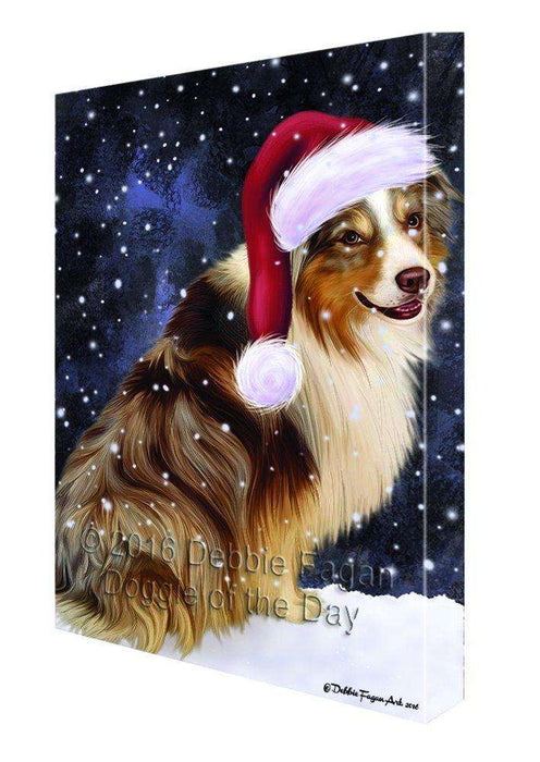 Let it Snow Christmas Holiday Australian Shepherd Dog Wearing Santa Hat Canvas Wall Art