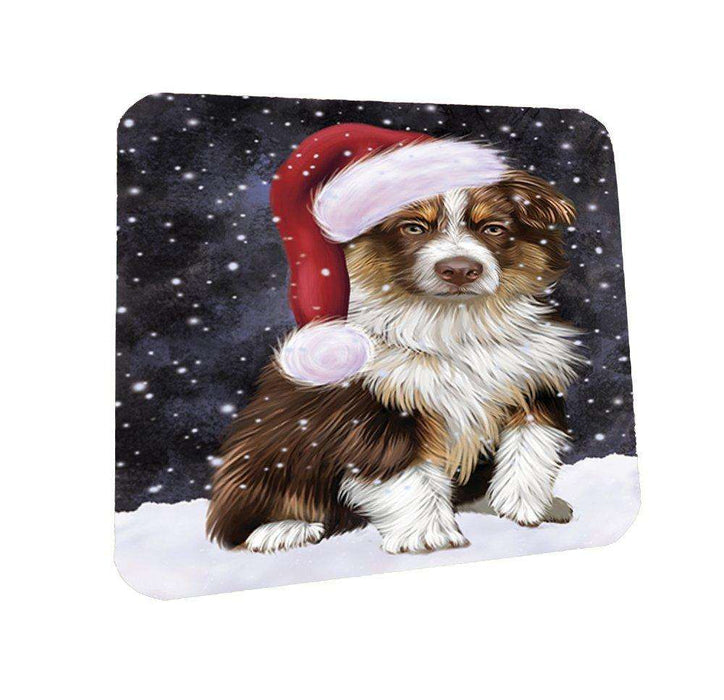 Let it Snow Christmas Holiday Australian Shepherd Dog Wearing Santa Hat Coasters Set of 4