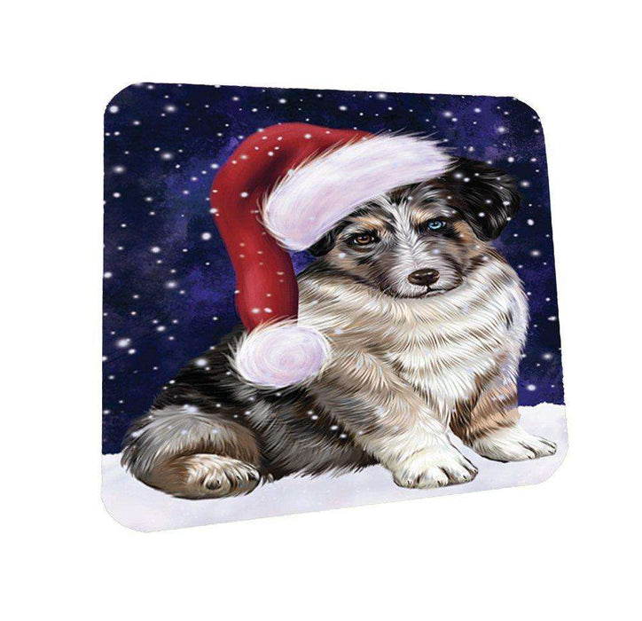 Let it Snow Christmas Holiday Australian Shepherd Dog Wearing Santa Hat Coasters Set of 4