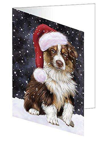 Let it Snow Christmas Holiday Australian Shepherd Dog Wearing Santa Hat Handmade Artwork Assorted Pets Greeting Cards and Note Cards with Envelopes for All Occasions and Holiday Seasons