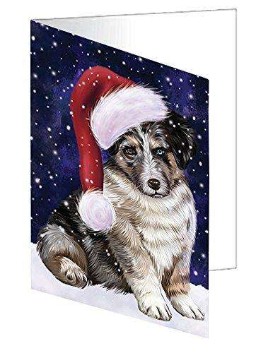 Let it Snow Christmas Holiday Australian Shepherd Dog Wearing Santa Hat Handmade Artwork Assorted Pets Greeting Cards and Note Cards with Envelopes for All Occasions and Holiday Seasons