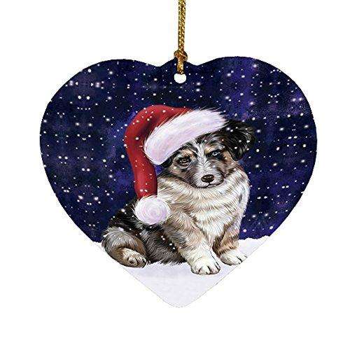 Let it Snow Christmas Holiday Australian Shepherd Dog Wearing Santa Hat Heart Ornament