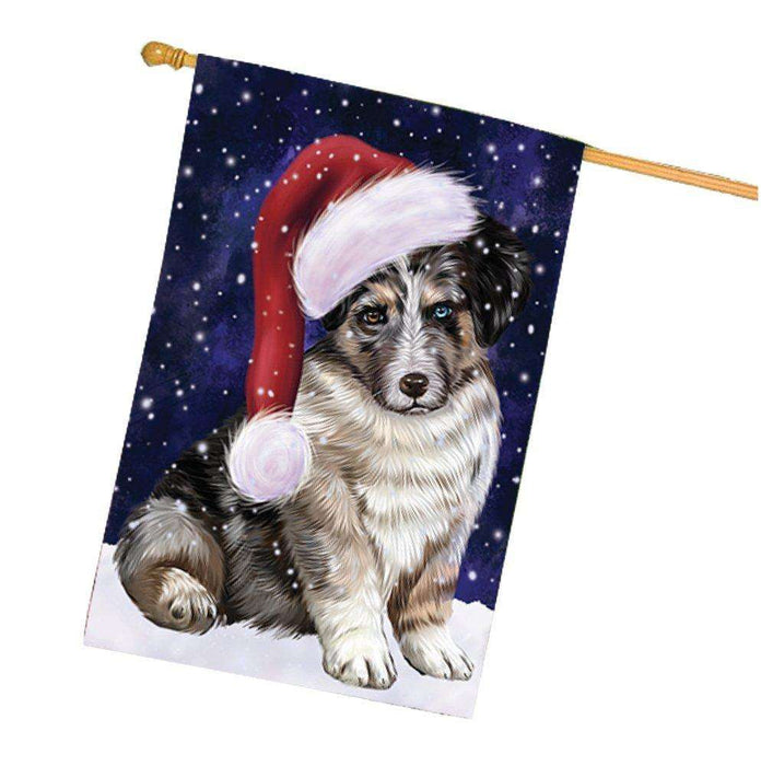 Let it Snow Christmas Holiday Australian Shepherd Dog Wearing Santa Hat House Flag