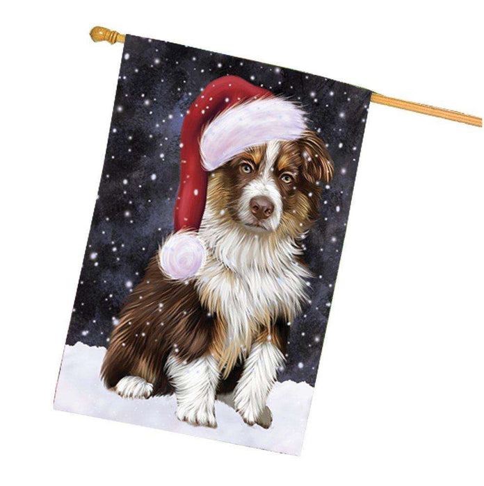 Let it Snow Christmas Holiday Australian Shepherd Dog Wearing Santa Hat House Flag