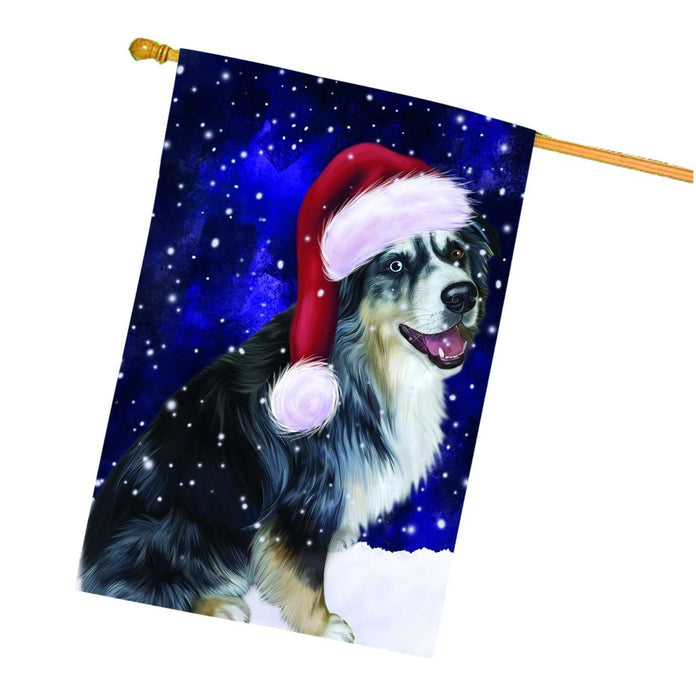 Let it Snow Christmas Holiday Australian Shepherd Dog Wearing Santa Hat House Flag