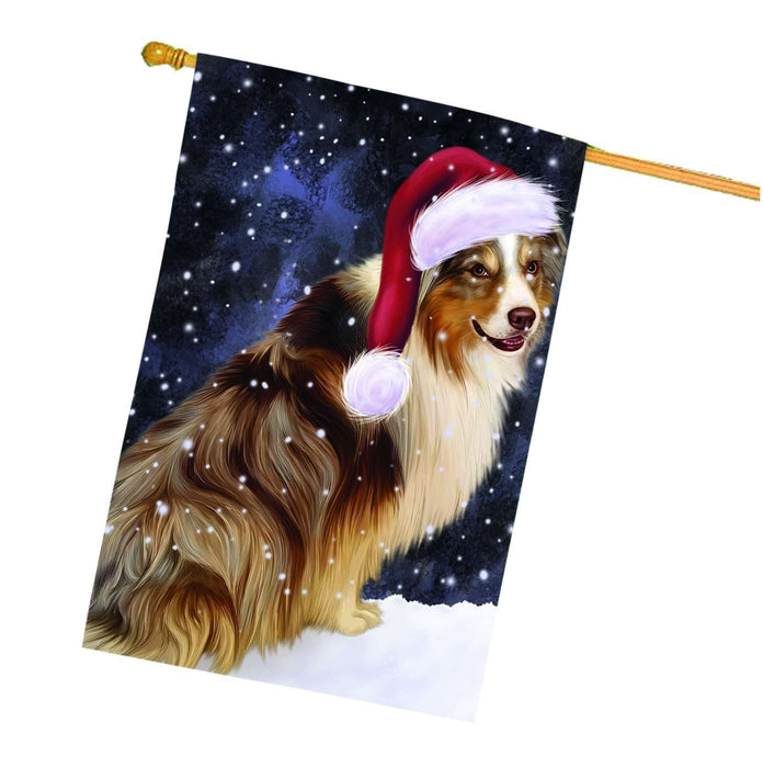 Let it Snow Christmas Holiday Australian Shepherd Dog Wearing Santa Hat House Flag