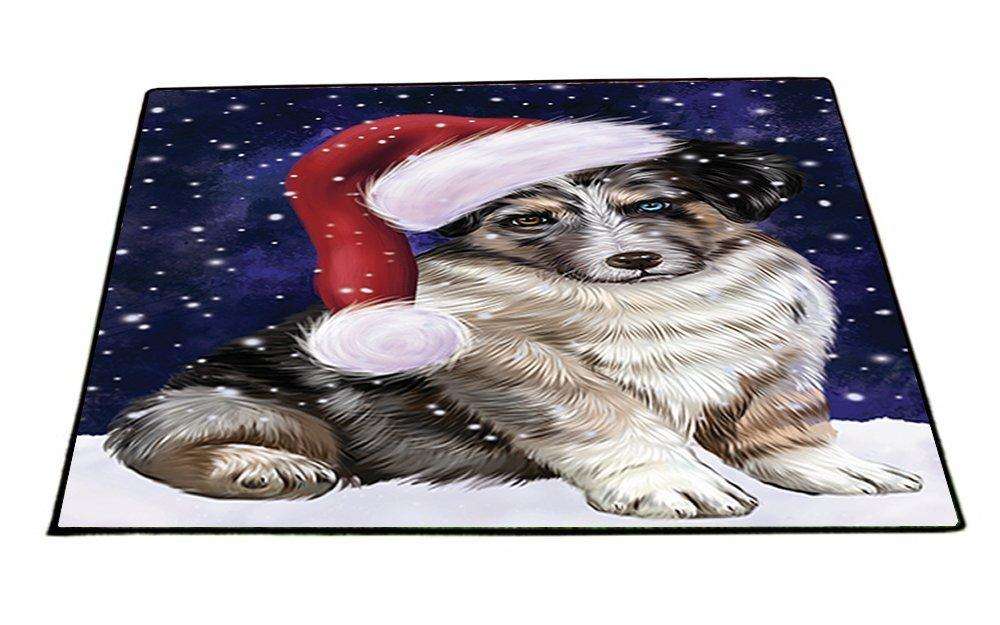 Let it Snow Christmas Holiday Australian Shepherd Dog Wearing Santa Hat Indoor/Outdoor Floormat