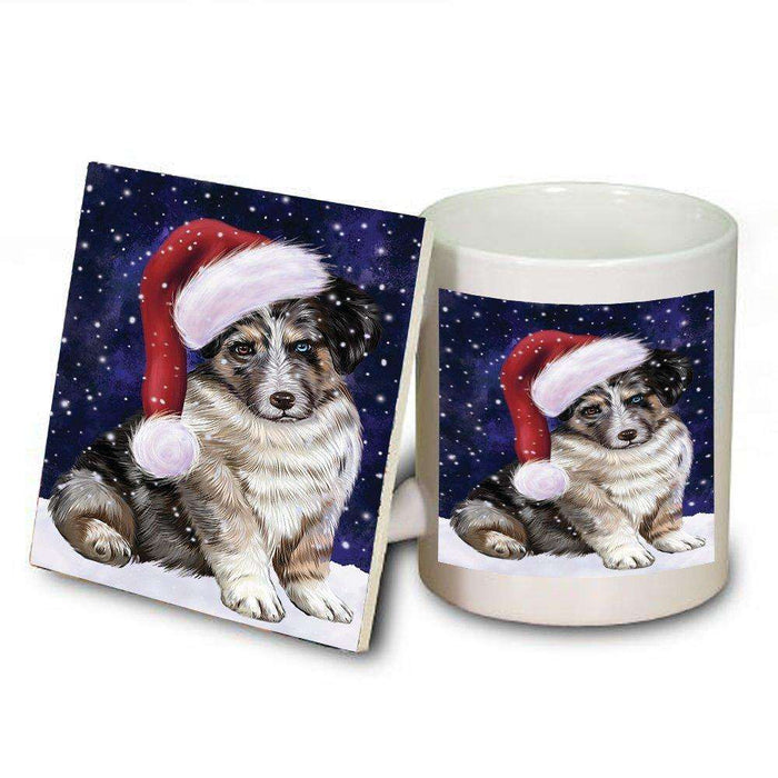 Let it Snow Christmas Holiday Australian Shepherd Dog Wearing Santa Hat Mug and Coaster Set