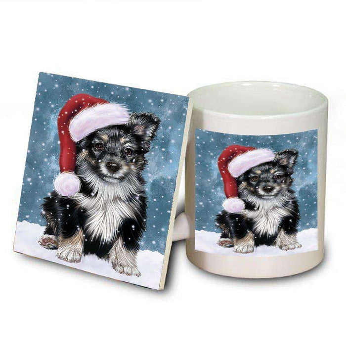 Let it Snow Christmas Holiday Australian Shepherd Dog Wearing Santa Hat Mug and Coaster Set