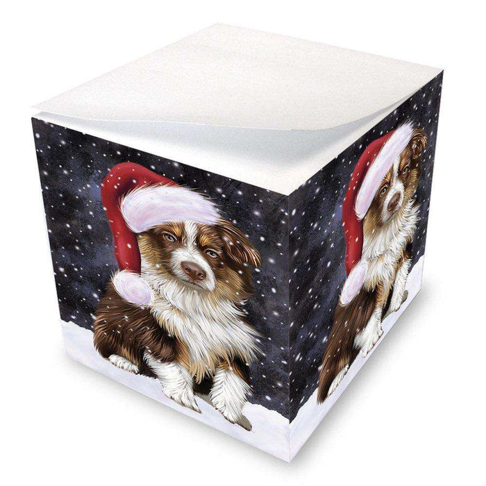 Let it Snow Christmas Holiday Australian Shepherd Dog Wearing Santa Hat Note Cube D248