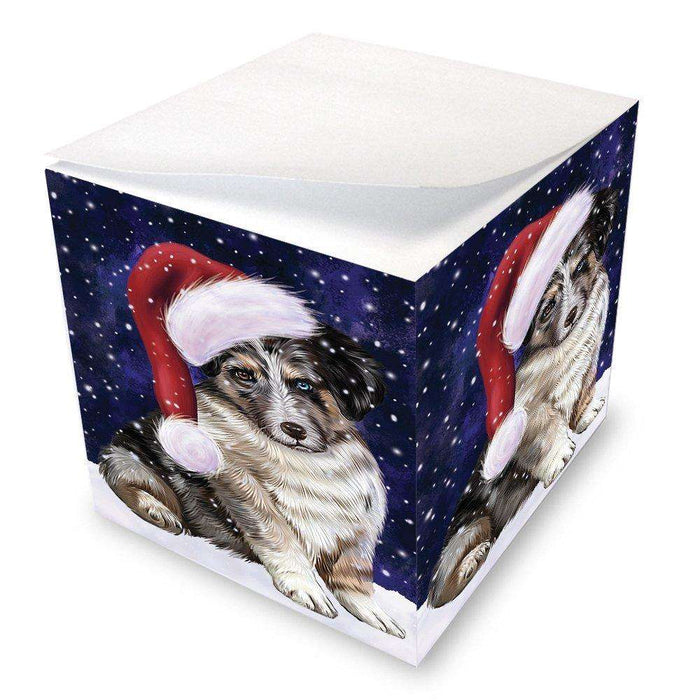 Let it Snow Christmas Holiday Australian Shepherd Dog Wearing Santa Hat Note Cube D249