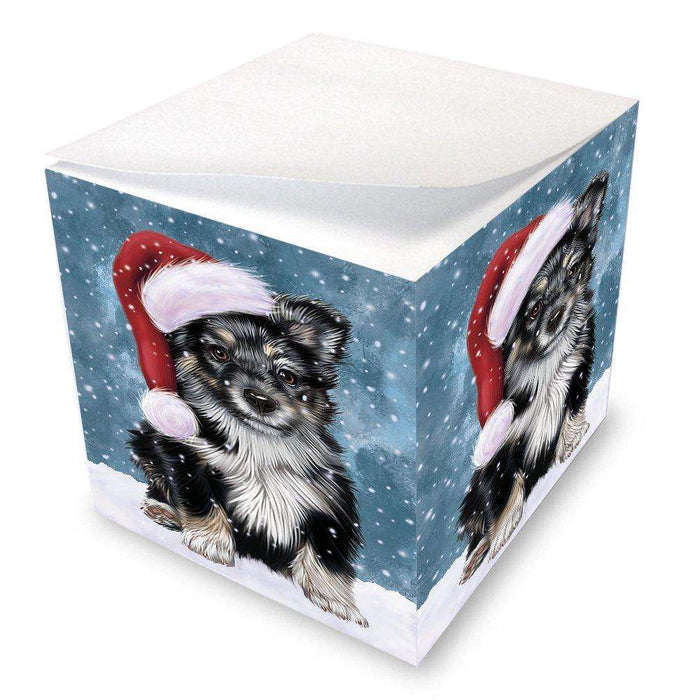 Let it Snow Christmas Holiday Australian Shepherd Dog Wearing Santa Hat Note Cube D250