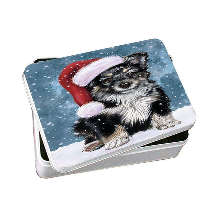 Let it Snow Christmas Holiday Australian Shepherd Dog Wearing Santa Hat Photo Storage Tin