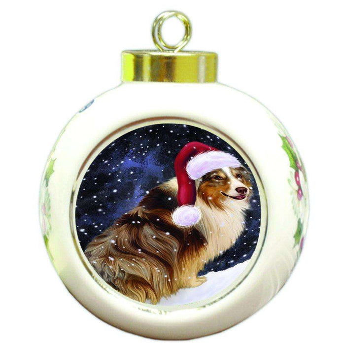 Let it Snow Christmas Holiday Australian Shepherd Dog Wearing Santa Hat Round Ball Ornament D303