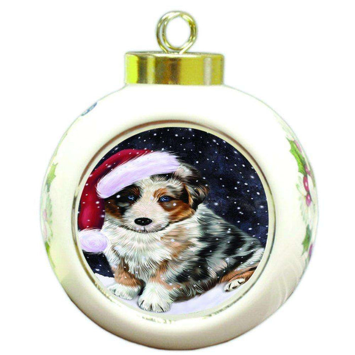 Let it Snow Christmas Holiday Australian Shepherd Dog Wearing Santa Hat Round Ball Ornament D304