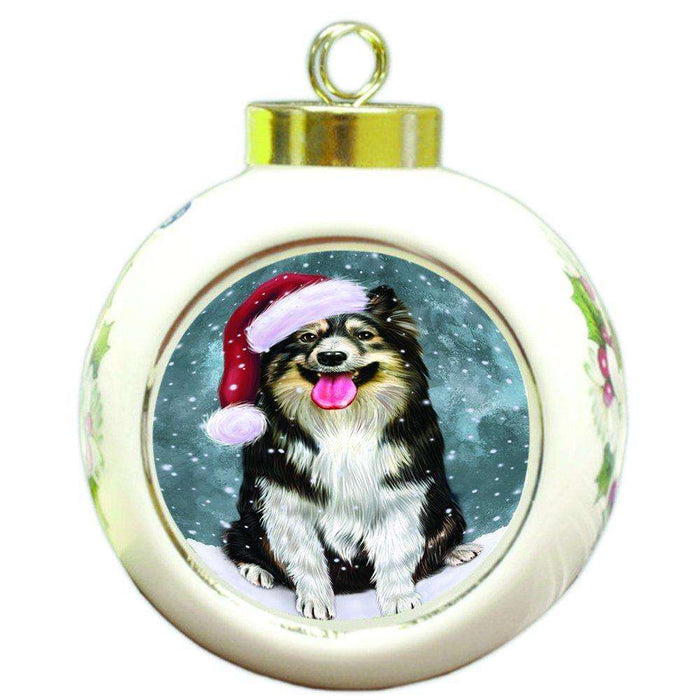 Let it Snow Christmas Holiday Australian Shepherd Dog Wearing Santa Hat Round Ball Ornament D305
