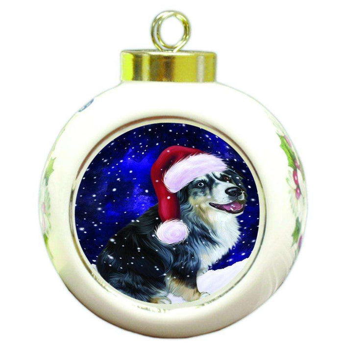 Let it Snow Christmas Holiday Australian Shepherd Dog Wearing Santa Hat Round Ball Ornament D306