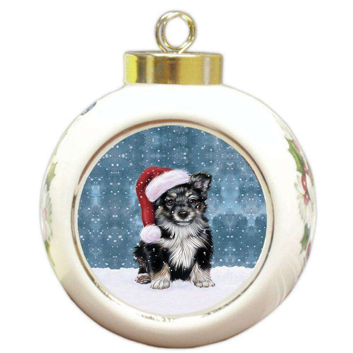 Let it Snow Christmas Holiday Australian Shepherd Dog Wearing Santa Hat Round Ball Ornament