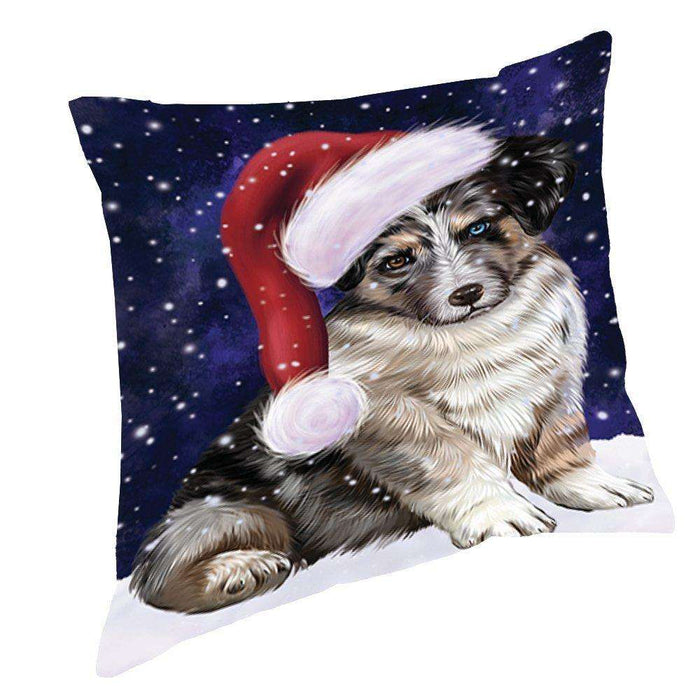 Let it Snow Christmas Holiday Australian Shepherd Dog Wearing Santa Hat Throw Pillow