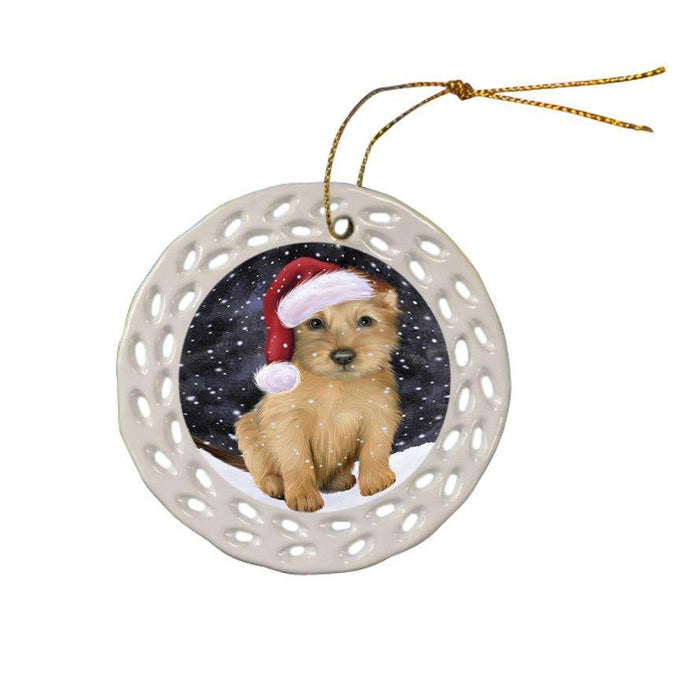 Let it Snow Christmas Holiday Australian Terrier Dog Wearing Santa Hat Ceramic Doily Ornament DPOR54274