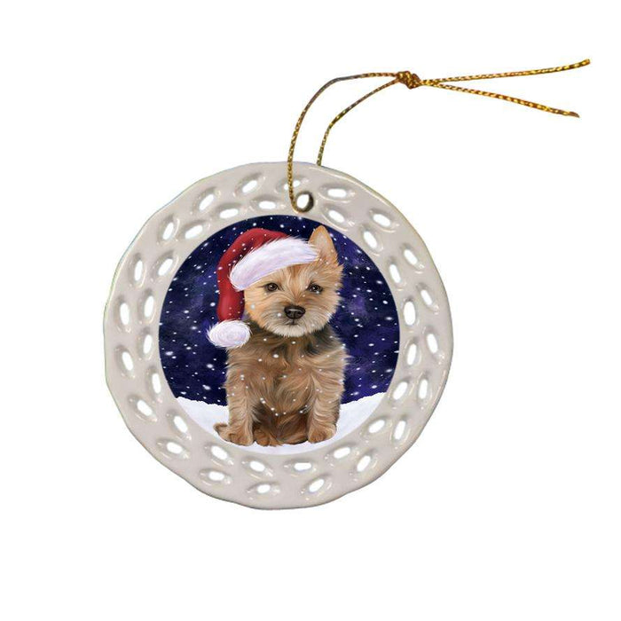 Let it Snow Christmas Holiday Australian Terrier Dog Wearing Santa Hat Ceramic Doily Ornament DPOR54275