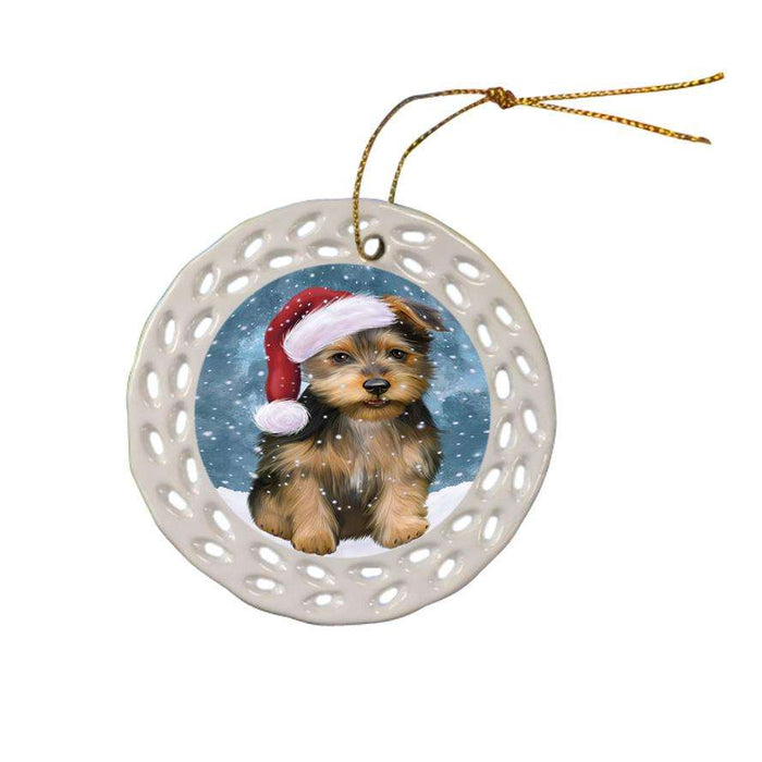 Let it Snow Christmas Holiday Australian Terrier Dog Wearing Santa Hat Ceramic Doily Ornament DPOR54276