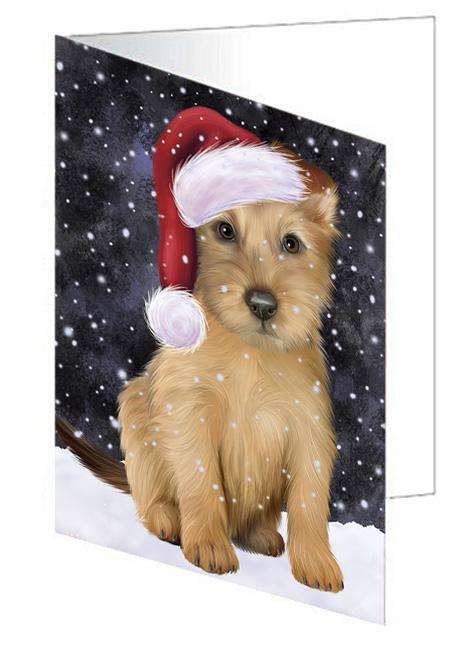 Let it Snow Christmas Holiday Australian Terrier Dog Wearing Santa Hat Handmade Artwork Assorted Pets Greeting Cards and Note Cards with Envelopes for All Occasions and Holiday Seasons GCD66851