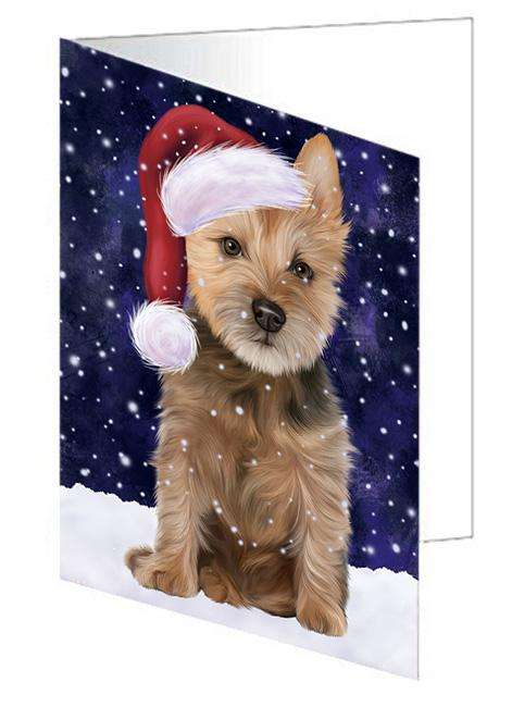 Let it Snow Christmas Holiday Australian Terrier Dog Wearing Santa Hat Handmade Artwork Assorted Pets Greeting Cards and Note Cards with Envelopes for All Occasions and Holiday Seasons GCD66854