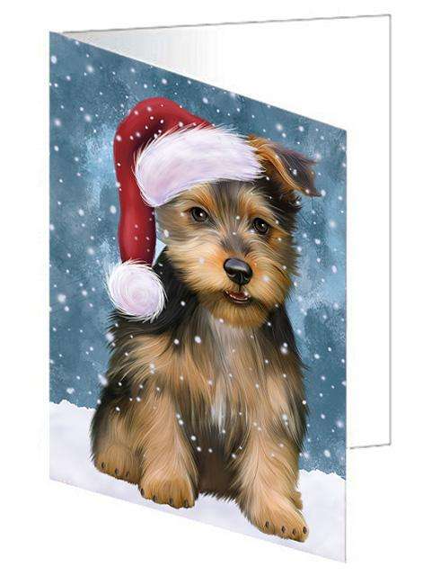 Let it Snow Christmas Holiday Australian Terrier Dog Wearing Santa Hat Handmade Artwork Assorted Pets Greeting Cards and Note Cards with Envelopes for All Occasions and Holiday Seasons GCD66857