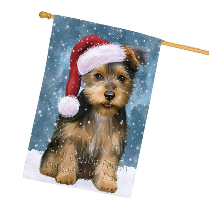 Let it Snow Christmas Holiday Australian Terrier Dog Wearing Santa Hat House Flag FLG54474