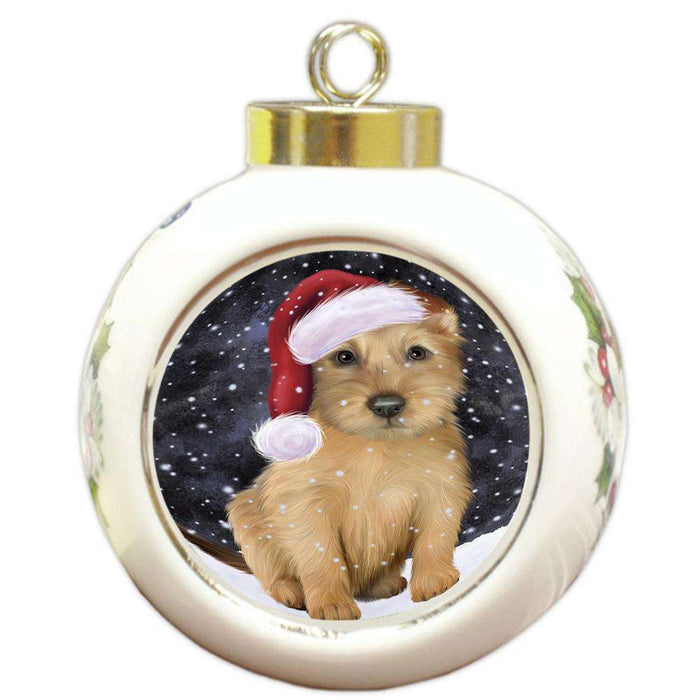 Let it Snow Christmas Holiday Australian Terrier Dog Wearing Santa Hat Round Ball Christmas Ornament RBPOR54274