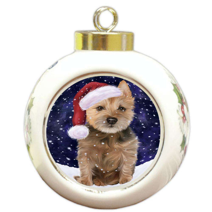 Let it Snow Christmas Holiday Australian Terrier Dog Wearing Santa Hat Round Ball Christmas Ornament RBPOR54275