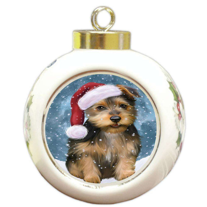 Let it Snow Christmas Holiday Australian Terrier Dog Wearing Santa Hat Round Ball Christmas Ornament RBPOR54276