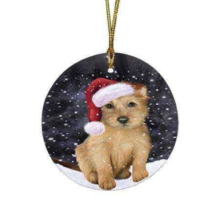 Let it Snow Christmas Holiday Australian Terrier Dog Wearing Santa Hat Round Flat Christmas Ornament RFPOR54265