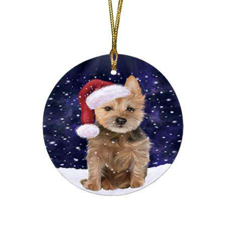 Let it Snow Christmas Holiday Australian Terrier Dog Wearing Santa Hat Round Flat Christmas Ornament RFPOR54266