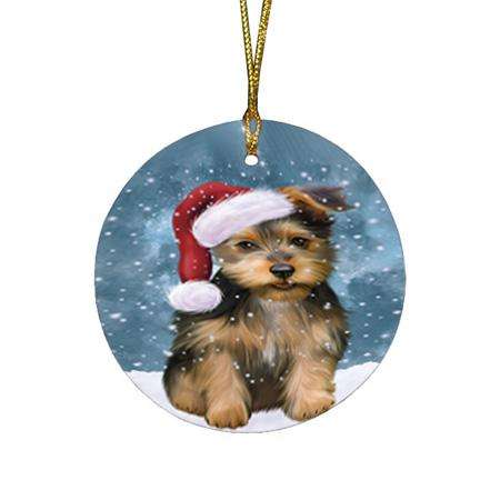Let it Snow Christmas Holiday Australian Terrier Dog Wearing Santa Hat Round Flat Christmas Ornament RFPOR54267