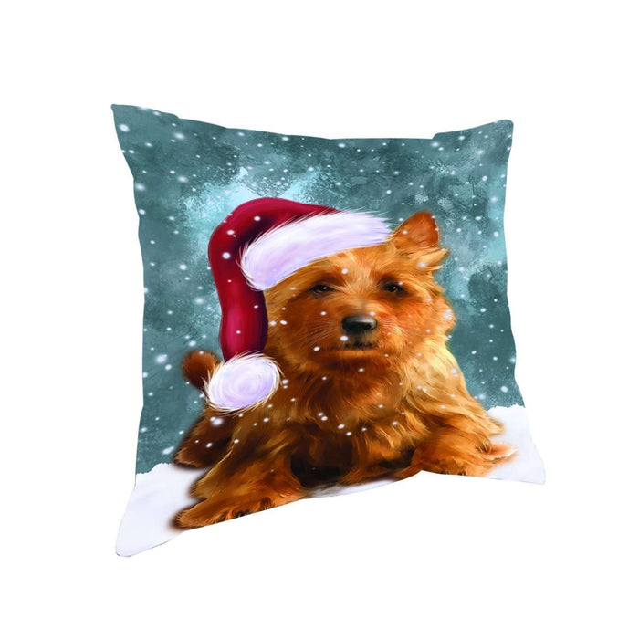 Let it Snow Christmas Holiday Australian Terriers Dog Wearing Santa Hat Throw Pillow