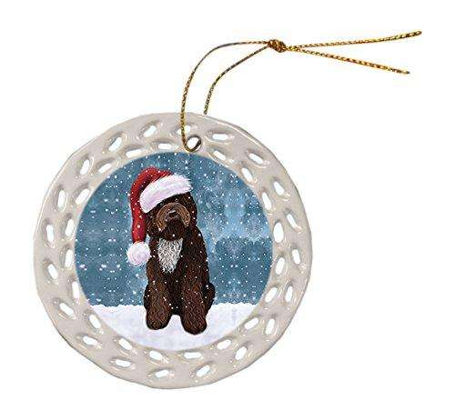 Let it Snow Christmas Holiday Barbet Dog Wearing Santa Hat Ceramic Doily Ornament D053