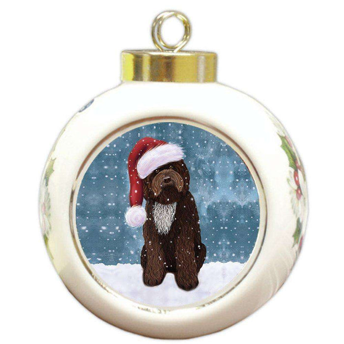 Let it Snow Christmas Holiday Barbet Dog Wearing Santa Hat Round Ball Ornament D261