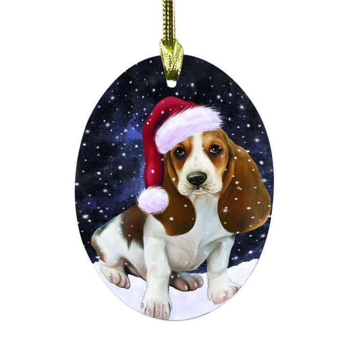 Let it Snow Christmas Holiday Basset Hound Dog Oval Glass Christmas Ornament OGOR48428