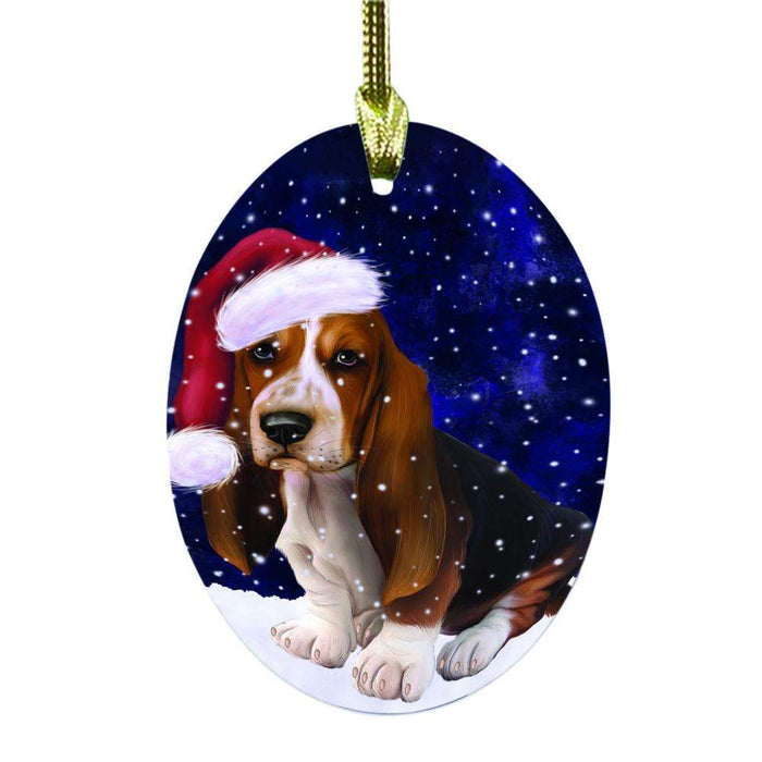 Let it Snow Christmas Holiday Basset Hound Dog Oval Glass Christmas Ornament OGOR48429