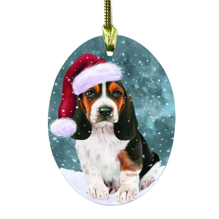 Let it Snow Christmas Holiday Basset Hound Dog Oval Glass Christmas Ornament OGOR48430