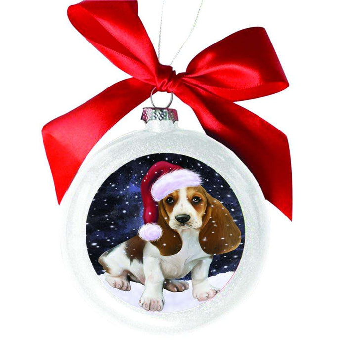 Let it Snow Christmas Holiday Basset Hound Dog White Round Ball Christmas Ornament WBSOR48428