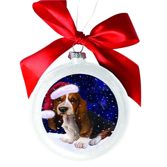 Let it Snow Christmas Holiday Basset Hound Dog White Round Ball Christmas Ornament WBSOR48429
