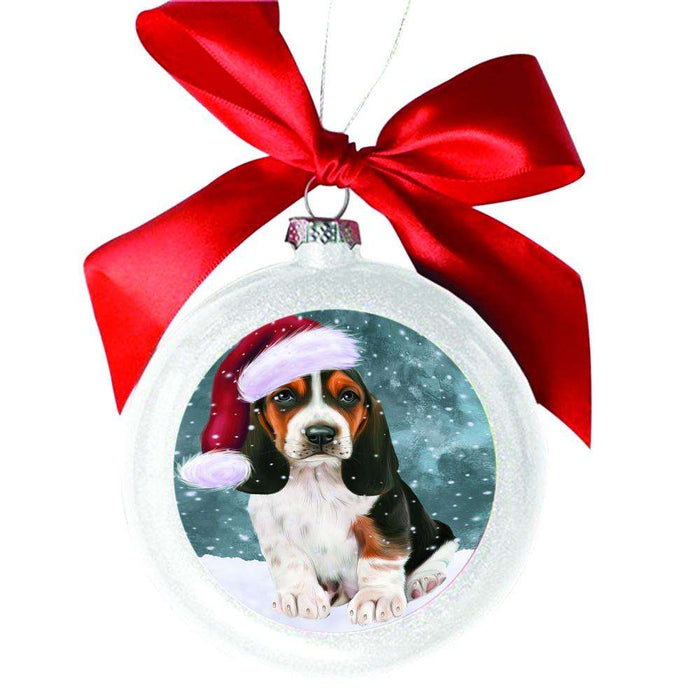 Let it Snow Christmas Holiday Basset Hound Dog White Round Ball Christmas Ornament WBSOR48430
